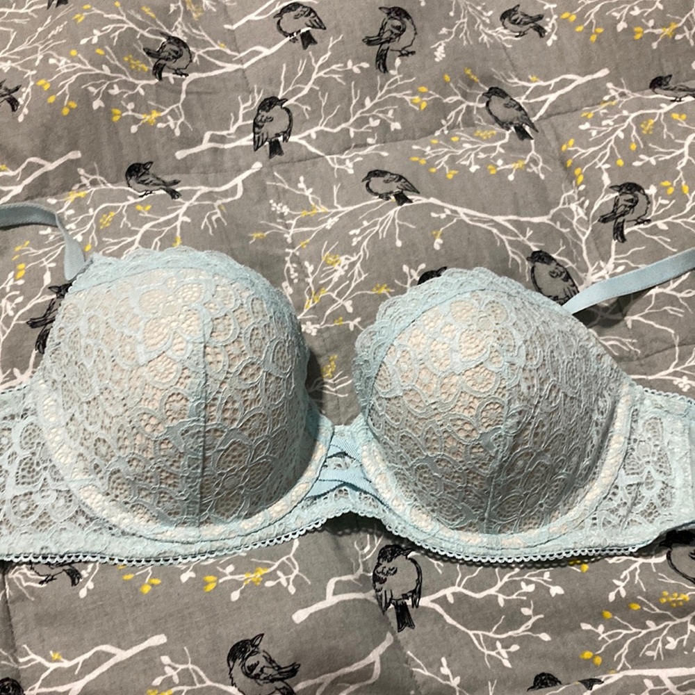 Light blue lace bra.
